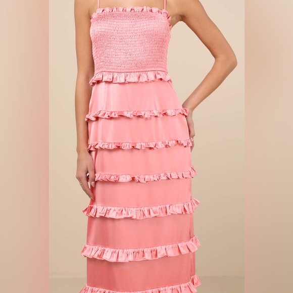 NWT Lulus Sincerely Fabulous Peach Pink Satin Smocked Ruffled Maxi Dress - Picture 3 of 7